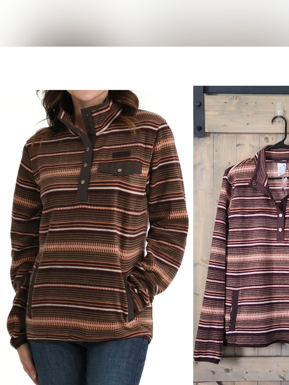 Cinch Ladies Striped Fleece Brown & Coral Pullover Sweater MAK9819009 NEW